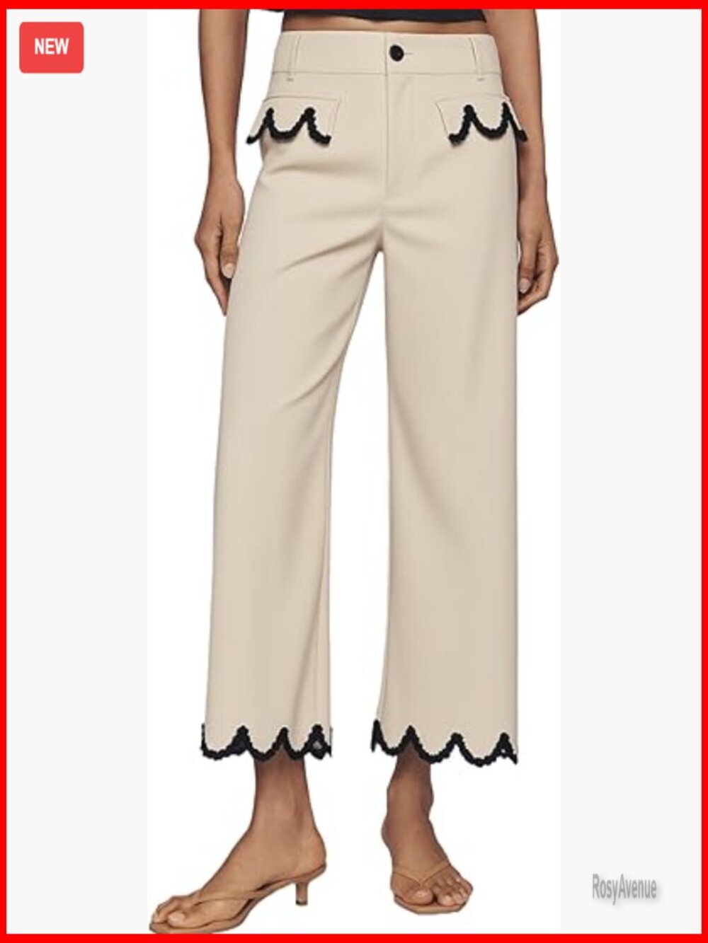 High Waisted Wide Leg Pants with Scalloped Hem, Cotton Blend, Casual Trousers